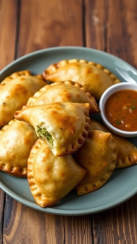 Crispy spinach empanadas on a plate with a dipping sauce, showcasing their golden color and spinach filling.